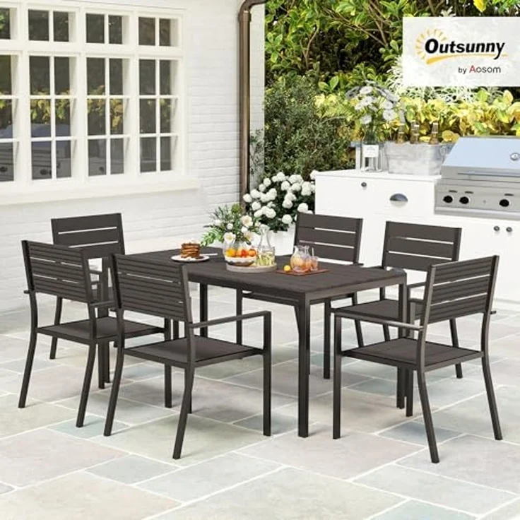 Outsunny Garten-Essgruppe mit 6 stapelbar Stühlen, geschlitzte Tisch, (Essgruppe für 6 Personen, 7-tlg, 7-teilig Sitzgruppe), für Terrasse, Balkon Dunkelbraun – Bild 2