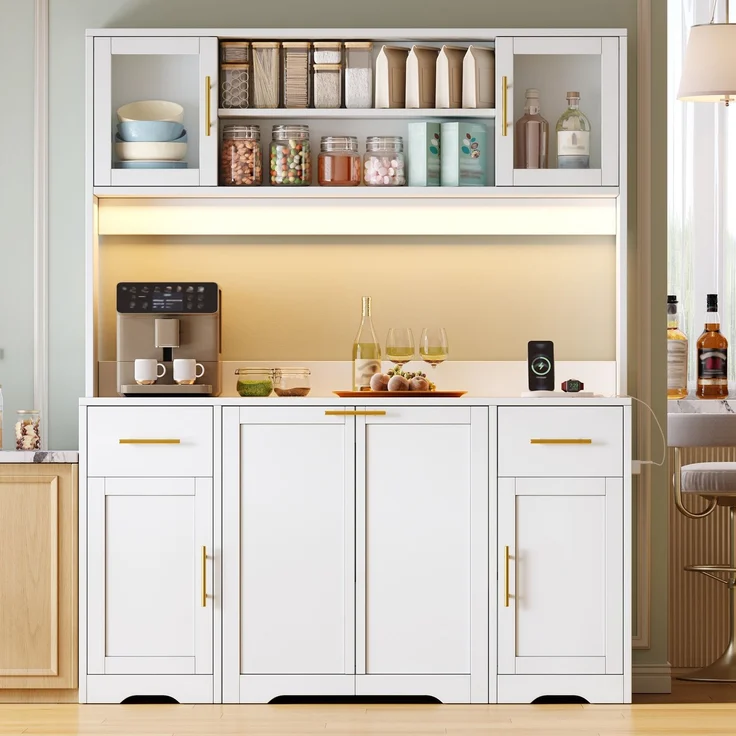 Küchenschrank, hoher Stauraumschrank mit Arbeitsplatte und Schubladen, Doppel-Mülleimerschrank mit ausziehbaren Abfalleimern, Vitrine für Wohnzimmer und Esszimmer, 173 × 140× 40 cm, Weiß--Weiß--140x40x173cm--YOUDENOVA – Bild 1