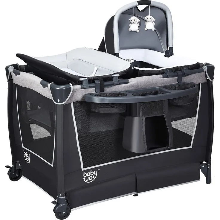 COSTWAY 4 in 1 klappbares Reisebett & Wickeltisch & Laufstall & Babywiege mit Schaukelfunktion, inkl. Babykorb, Wickelauflage, Matratze, Spieluhr, Spielzeug, Aufbewahrungsregal und Tragetasche Grau