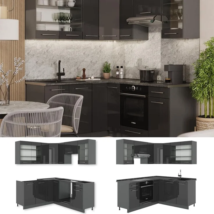 Eckküche Fame-Line Anthrazit Hochglanz 190 x 46 cm ohne Arbeitsplatte Vicco – Bild 7