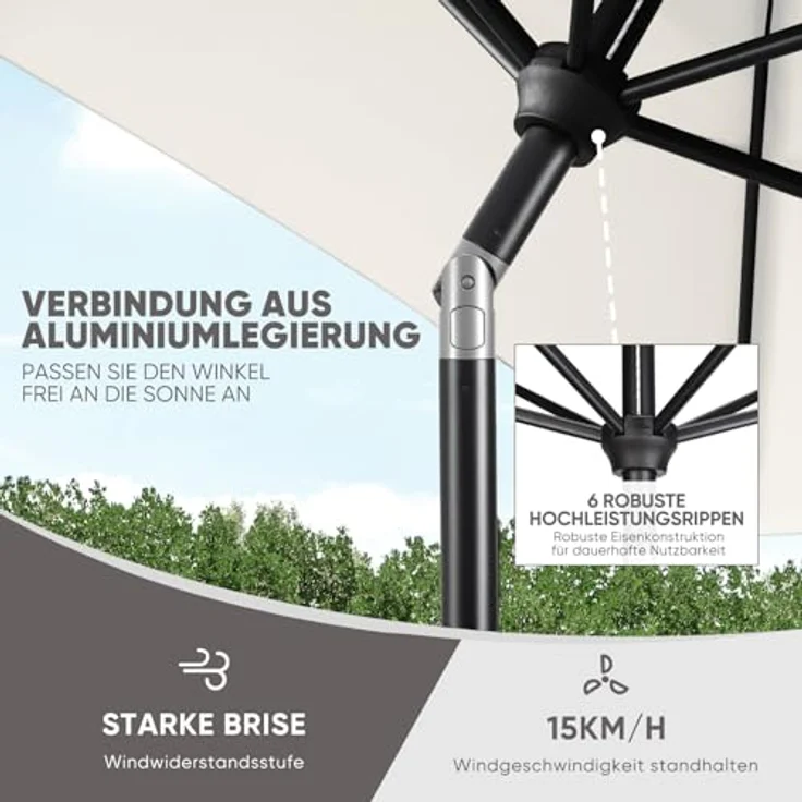 Sekey Sonnenschirm mit Kurbel und UV50+, knickbar, Aluminium creme, 210 × 140 cm – Bild 6