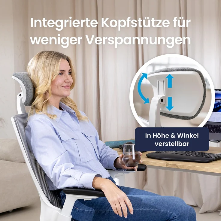Ergotopia 'NextBack' ergonomischer Bürostuhl mit integrierter Lordosenstütze, 3D Armlehnen & verstellbarer Kopfstütze, Grau / Weiß – Bild 8