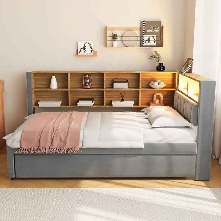 Polsterbett Ausziehbett 90/200 cm mit 90/190 cm Gästebett, LED, USB-C und Stauraum, Flanell Dunkelgrau, ohne Matratze – Bild 2