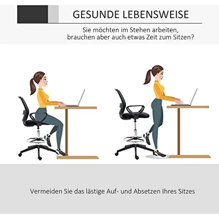Vinsetto Drehstuhl, Schwarz, mit atmungsaktivem Netzgewebe, individuell einstellbarer Sitzhöhe und dick gepolstertem Sitz, L59,5 x T60 x H102,5–126 cm – Bild 4
