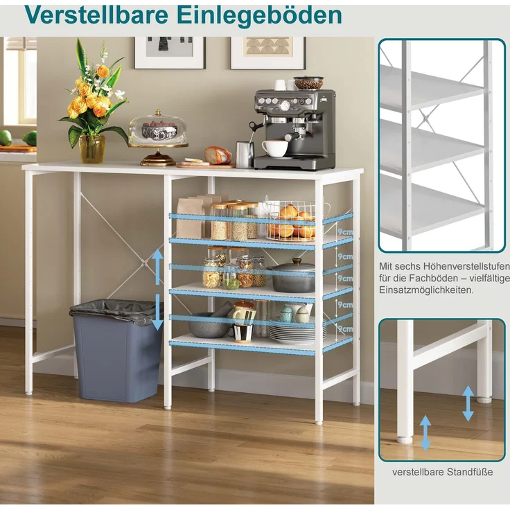 ZUBALIYA Ablagetisch 120 x 40 x 85,5 cm – flexibel montierbare Regale, Metallrahmen mit X-Verstrebung, höhenverstellbare Standfüße, MDF, Metall, Weiß – Bild 6