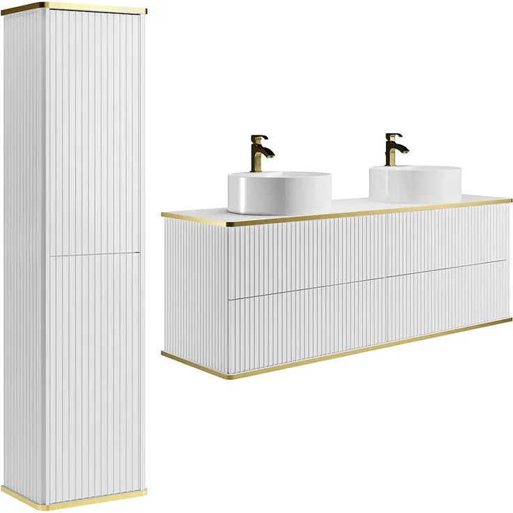 Vente-unique - Waschbeckenunterschrank hängend mit rundem Aufsatzwaschbecken und Säule - Streifenoptik - Weiß - 150 cm - KELIZA