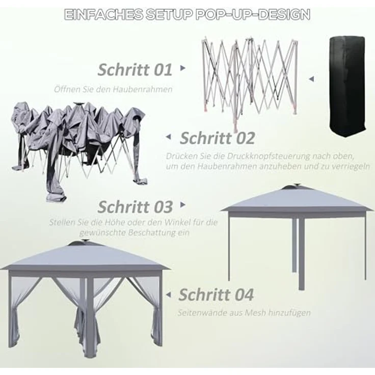 Outsunny Pavillon 3,3 x 3,3 m Faltpavillon mit LED-Beleuchtung, USB-Ladeanschluss und Mesh-Seitenwänden, Oxford Grau mit Sonnenschutz und Tragetasche – Bild 4