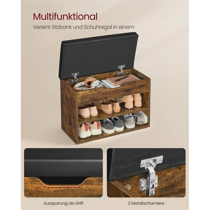 VASAGLE Schuhbank, Sitzbank, Schuhregal mit gepolstertem Kissen, Schuhorganizer mit 3 Ebenen, 30 x 60 x 44 cm, für Flur, Wohnzimmer und Schlafzimmer, vintagebraun LHSDE020W01 – Bild 2