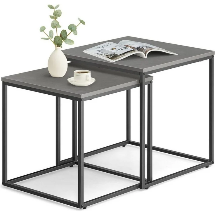 Home Collective Couchtisch 2er Set Beistelltisch Loft Design 2in1 Verschachtelung Wohnzimmer, kratzfeste Oberfläche 50&45cm Zement-Grau schwarzen Beinen quadratisch – Bild 1