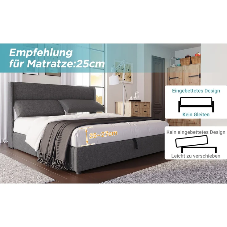TavilaEcon Boxspringbett Hydraulisches Stauraumbett mit dreifach verstellbare Kopfstütze grau Liegefläche 160 × 200 cm – Modell AB20059192G – Bild 4
