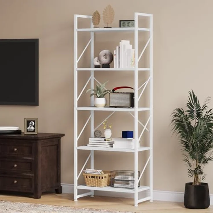 YITAHOME Bücherregal mit 5 Ebenen, freistehendes Bücherregal, Holzregal und Metallrahmen, Aufbewahrungsregal für Wohnzimmer, Heimbüro – reines Weiß – Bild 2