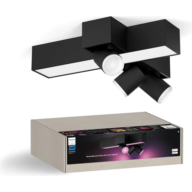 Philips Hue White & Color Ambiance Centris 3-er Kreuz Spotleuchte, dimmbar, 16 Mio. Farben, steuerbar via App, kompatibel mit Amazon Alexa, schwarz