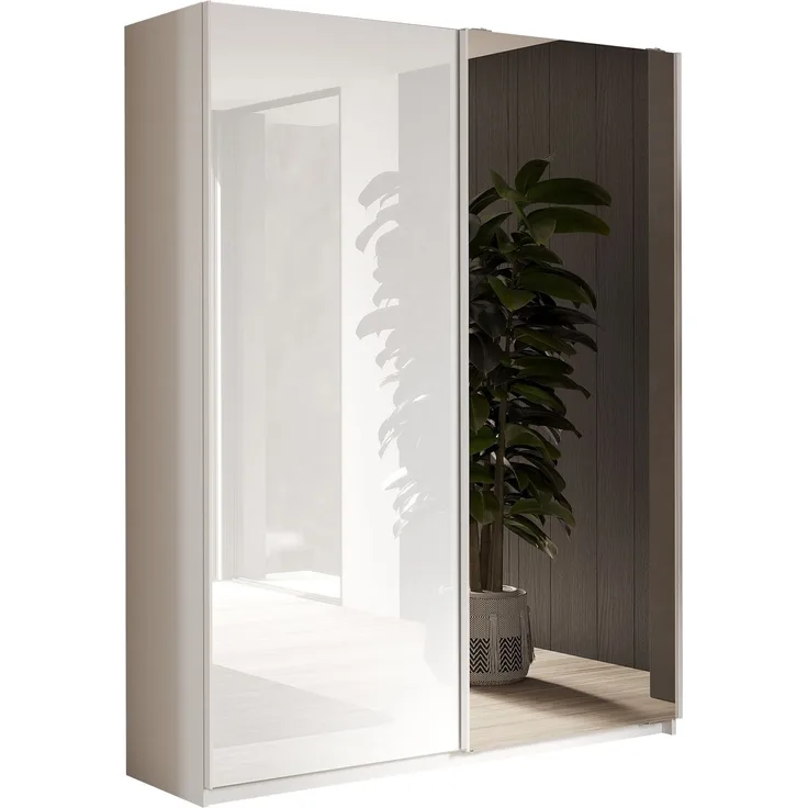Schwebetürenschrank >Salva< 2 Böden, 2 Stangen, Spiegel, Weiß Hochglanz/Weiß - 180x210x55cm B/H/T
