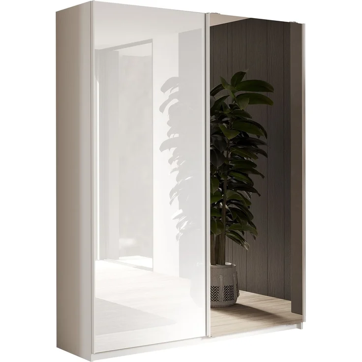 Schwebetürenschrank >Salva< 2 Böden, 2 Stangen, Spiegel, Weiß Hochglanz/Weiß - 180x210x55cm B/H/T – Bild 1