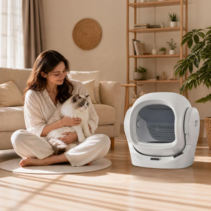 Intelligente automatische Katzentoilette mit App-Steuerung, 68L Großraum, 8L Abfallbehälter, Aromabox, Infrarot-Sicherheit, für 1–2 Katzen, selbstreinigend, leise, kindersicher--Weiß--53x45.5x56.5cm--YOUDENOVA – Bild 2