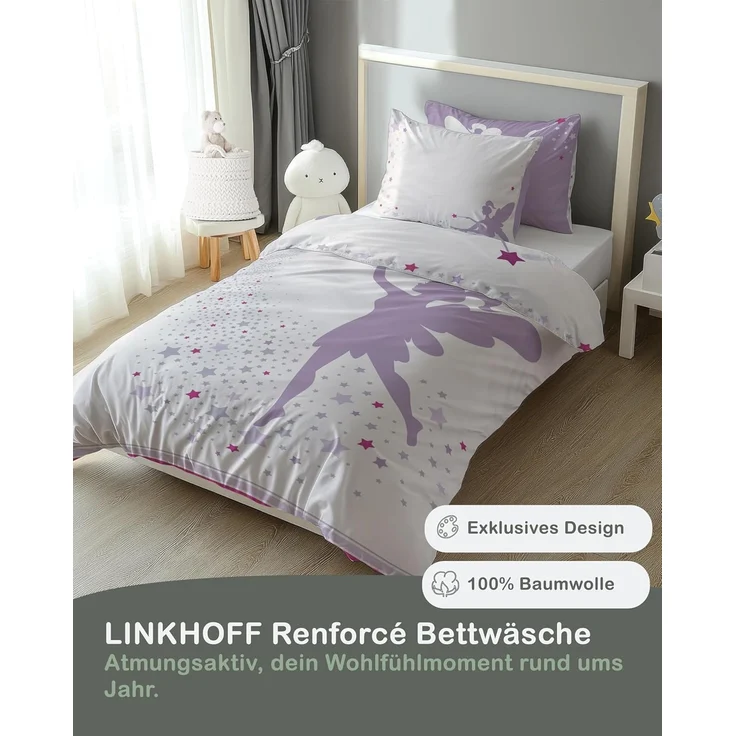 LINKHOFF Kinderbettwäsche Kinder Bettwäsche Fee 135x200 + Kissen 80x80 - 100% Baumwolle, Mädchen Bettwäsche, Bügelfrei, Reißverschluss – Bild 2