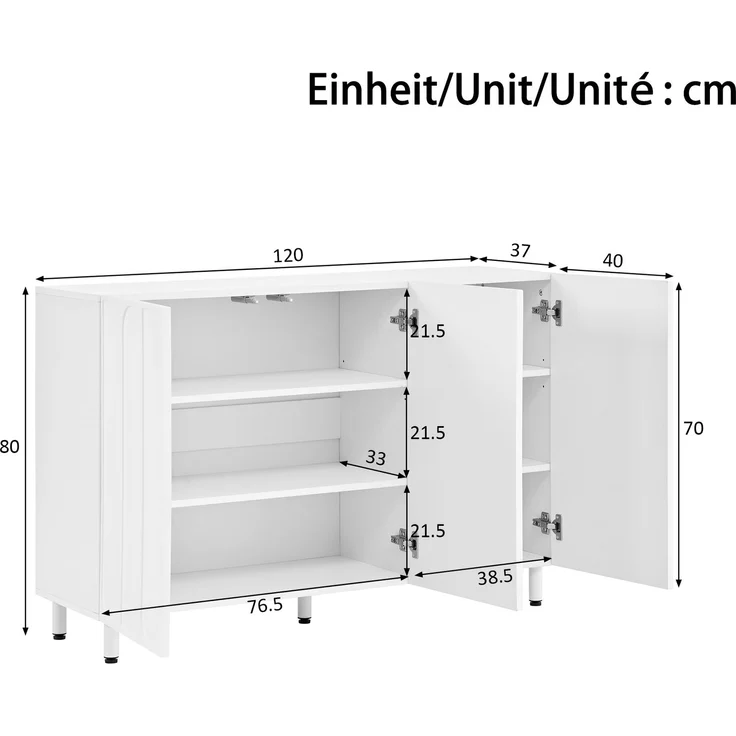 DESVIAE Sideboard Weiß aus MDF/Spanplatte – 120x80x37 cm – 3 Türen, verstellbare Böden – Bild 10