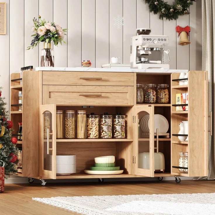 Merax 138cm Mobiler Kücheninsel mit klappbarem Arbeitsbereich, Küchenwagen, 5 Rädern, mehreren Aufbewahrungslösungen, Gewürzregal, Besteckschublade, Natur – Bild 2