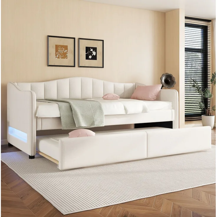 CHICFURN Bett aus Leinen, Beige, 90x200 cm, mit Ausziehbett und LED-Beleuchtung