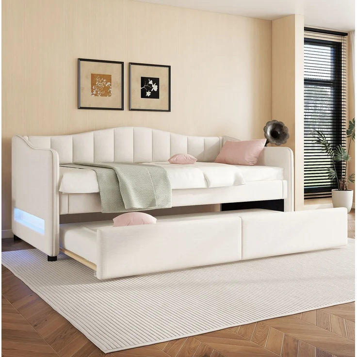 CHICFURN Bett aus Leinen, Beige, 90x200 cm, mit Ausziehbett und LED-Beleuchtung – Bild 1