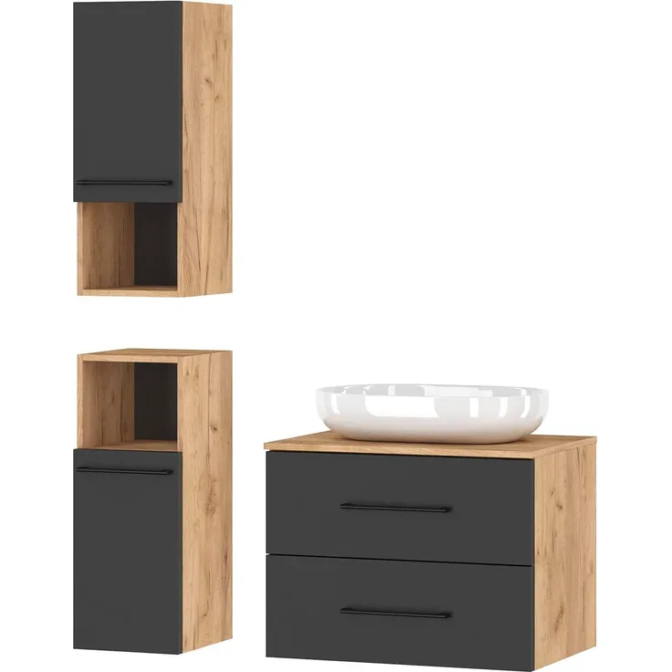 Planetmöbel Badmöbel Komplettset Badmöbel Komplettset 4-teilig 70cm mit Aufsatzwaschbecken und 2X Midischrank, in den Farben Gold Eiche/Anthrazit