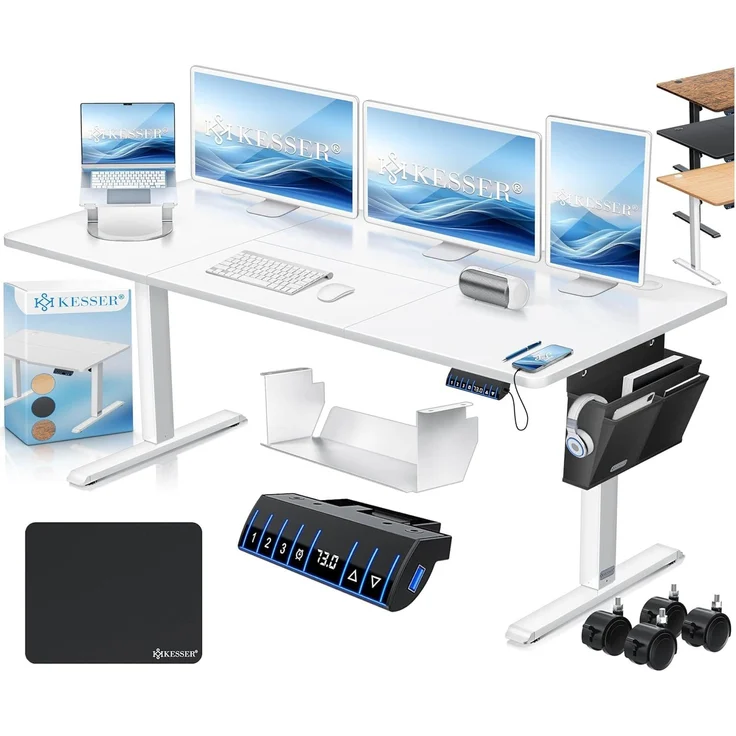 KESSER® Höhenverstellbarer Schreibtisch elektrisch | Ergonomisch Steh-Sitz Schreibtisch | 3-Funktions-Memory Steuerung | Inkl. 360° Rollen & USB-Ladeanschluss | Computertisch für Homeoffice Weiß, 160 x 70 cm – Bild 1
