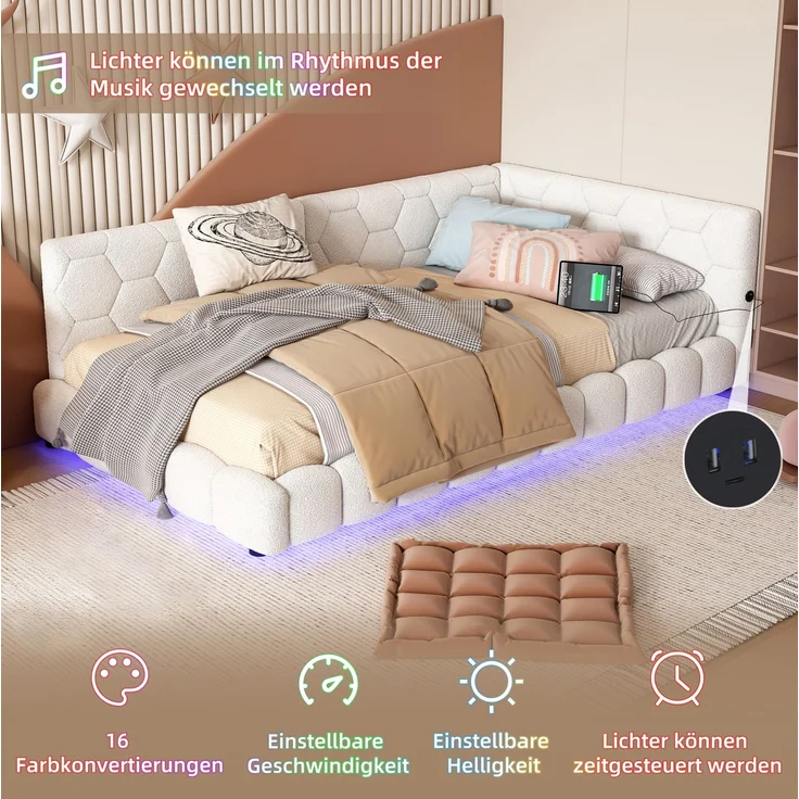 CHICFURN Bett aus Vliesimitat Weiß 90x200 cm mit LED-Beleuchtung und USB- und Type-C-Anschlüssen – Bild 4