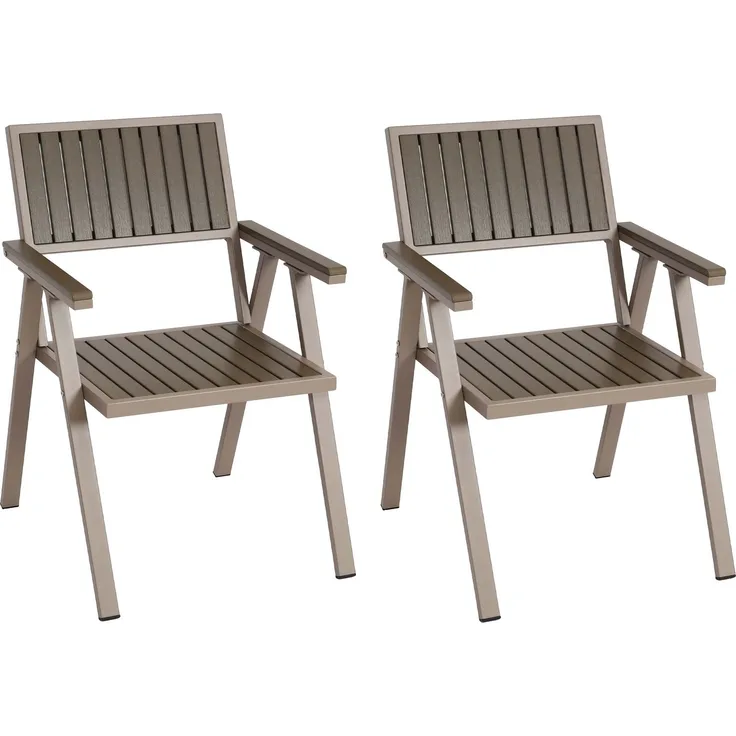 2er-Set Gartenstuhl HWC-J95, Balkonstuhl Stuhl, Outdoor-Beschichtung, Aluminium Holzoptik ~ Gestell champagner, grau