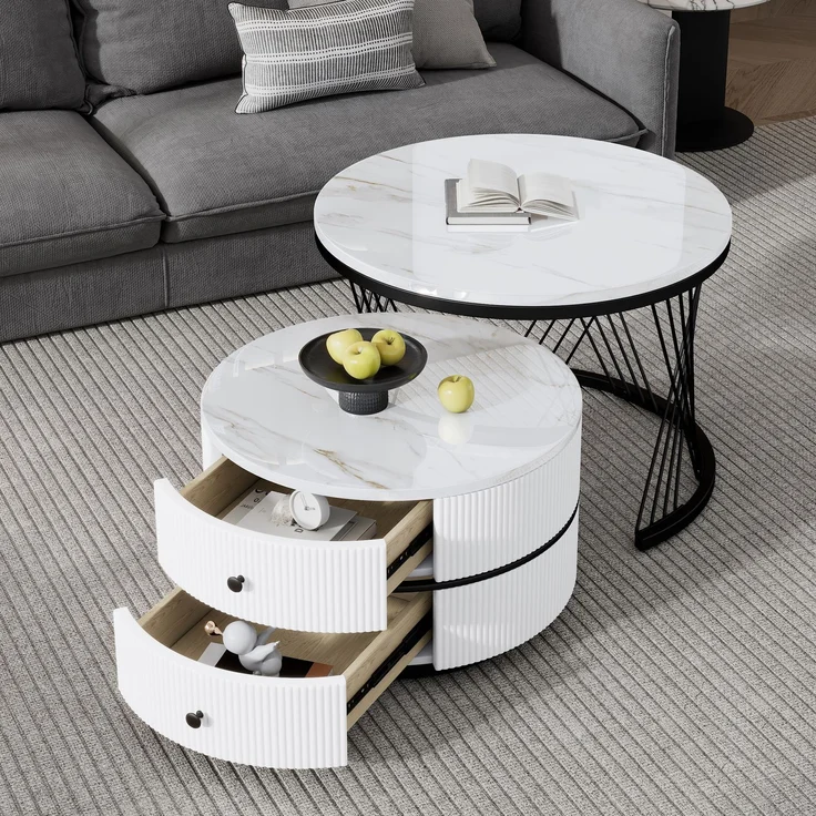 Couchtisch-Set rund, groß 60×60×46 cm und klein 50×50×31 cm, Hochglanz-Marmoroptik, MDF – Bild 4