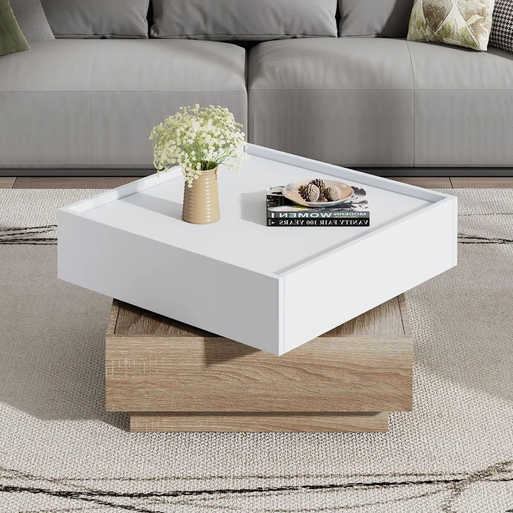 Merax Funktionaler Couchtisch für das Wohnzimmer, 360° drehbar, drehbare Tischplatte mit 2 Ablagen und Stauraum, Gestell Wohnzimmerbeistelltisch, 60*60*38 cm, weiß+walnuss – Bild 1