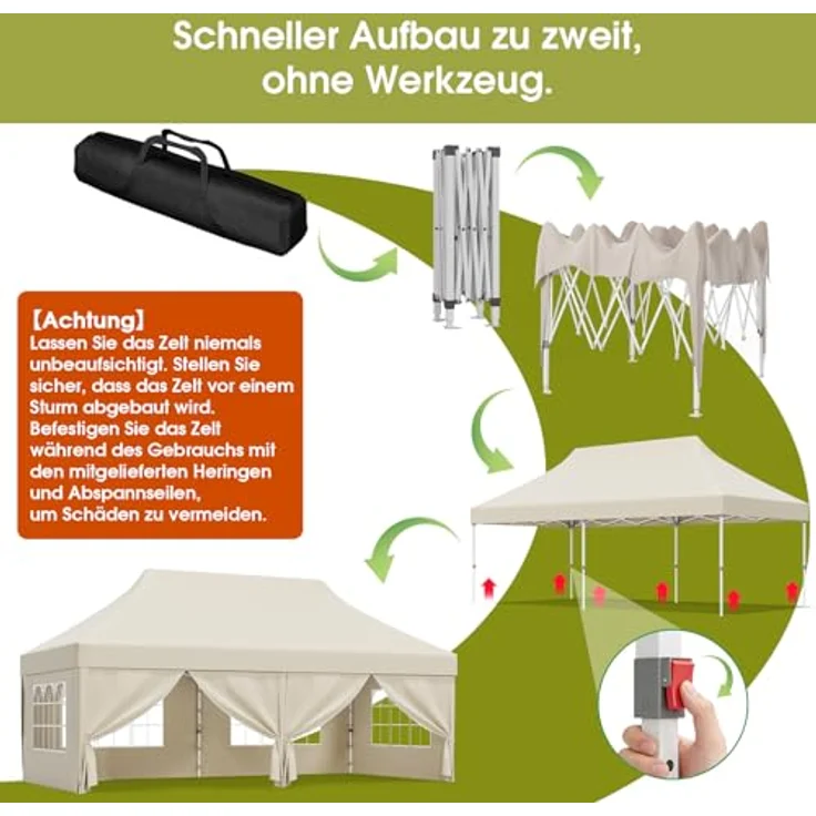 JUMMICO Faltpavillon 3x6 mit Hoher Spitze, um 60% Verbesserte Regenschutzleistung. UV 50+, Pavillon 3x6 Wasserdicht Stabil Winterfest, Shelter mit seitenwänden, für Garten und Camping, Beige – Bild 6
