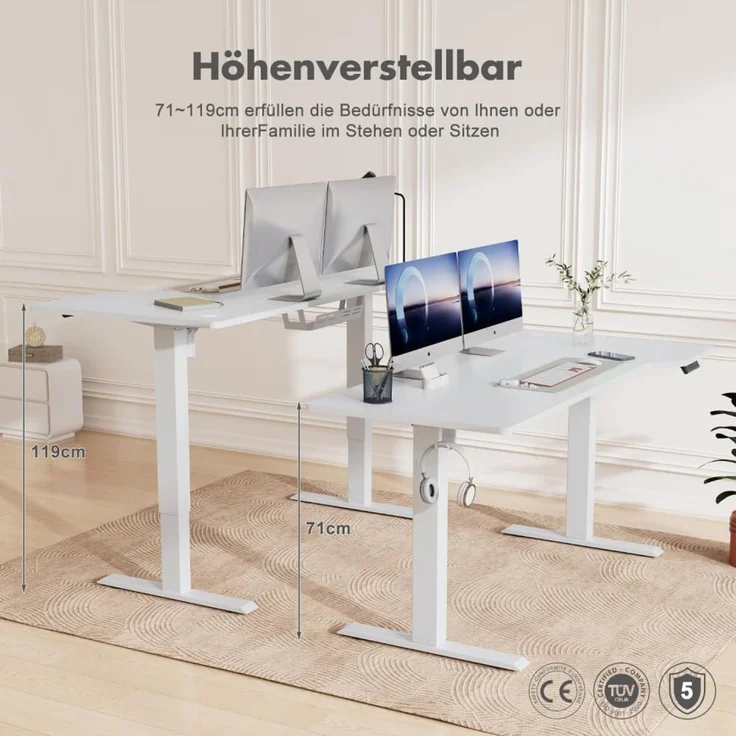 JUMMICO HöHenverstellbarer Schreibtisch Weiß 180x85 cm L-förmiger Schreibtisch Höhenverstellbar Elektrisch,Ergonomie Gaming Tisch mit Haken (Weiß) – Bild 4