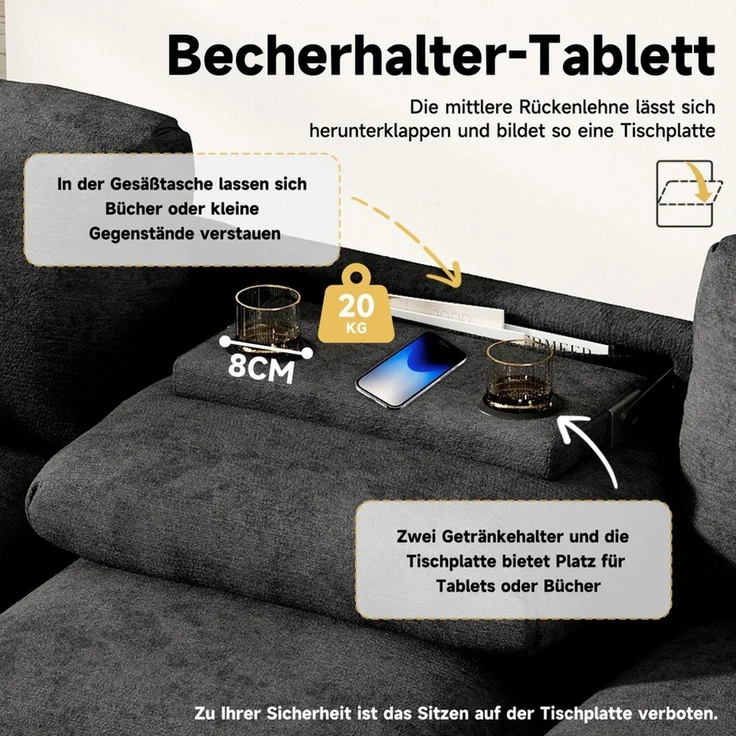 Merax 3-Sitzer Sofa aus weichem Chenille, Multifunktionssofa mit USB-Anschluss, für Wohnzimmer, Büro und Heimkino 1 Teile, XXL Sofa mit klappbarer Rückenlehne, Getränkehalter & Stauraum – Bild 3