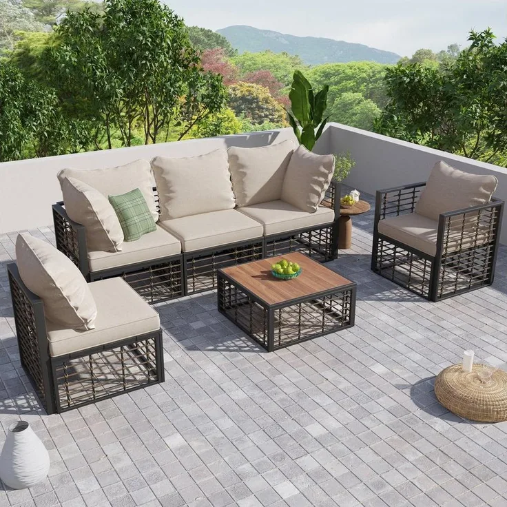 Merax Gartenlounge-Set für 5 Personen mit Kissen und Stahlrahmen, (6-tlg, 1 3-Sitzer, 2 Sessel, 1 Couchtisch), Gartenmöbel Set Rope Loungeset, Balkonset Seil, Sitzgruppe Polyrattan
