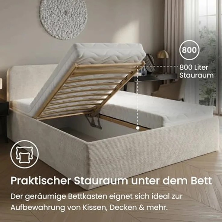 Home Collective Polsterbett Bett mit Stauraum, verstellbarem Lattenrost, viele Größen (Größen: 100x200 120x200 140x200 160x200 180x200 200x200, hochwertiger Kordstoff, made in Germany), wählbare Matratze Federkern oder Kaltschaum, Hellbeige – Bild 3