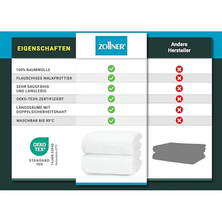Zollner Badetuch 100x150 cm, Weiß, 100% Baumwolle, Oeko-Tex® Standard 100, saugfähig, waschbar bis 95°C, Doppelpack – Bild 6