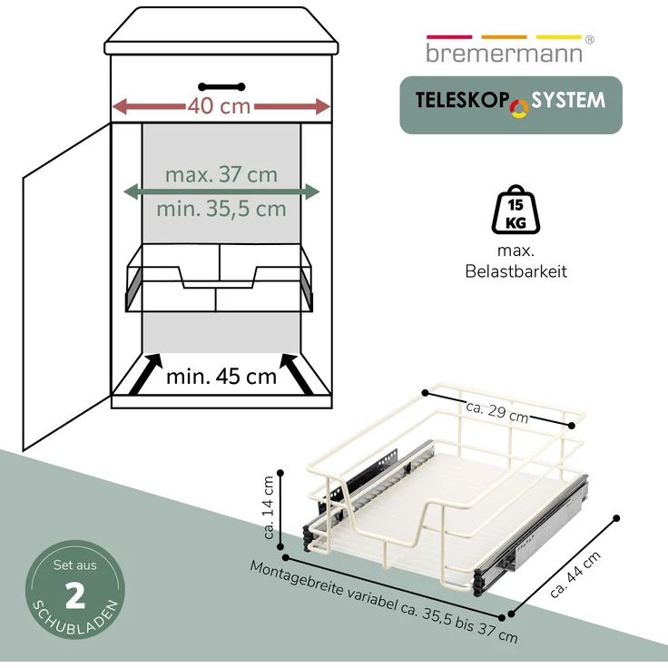 Teleskopschubladen 2er Set - für 40 cm Schrank mit Einlegeboden, aus Metall, (Cremeweiß) – Bild 7