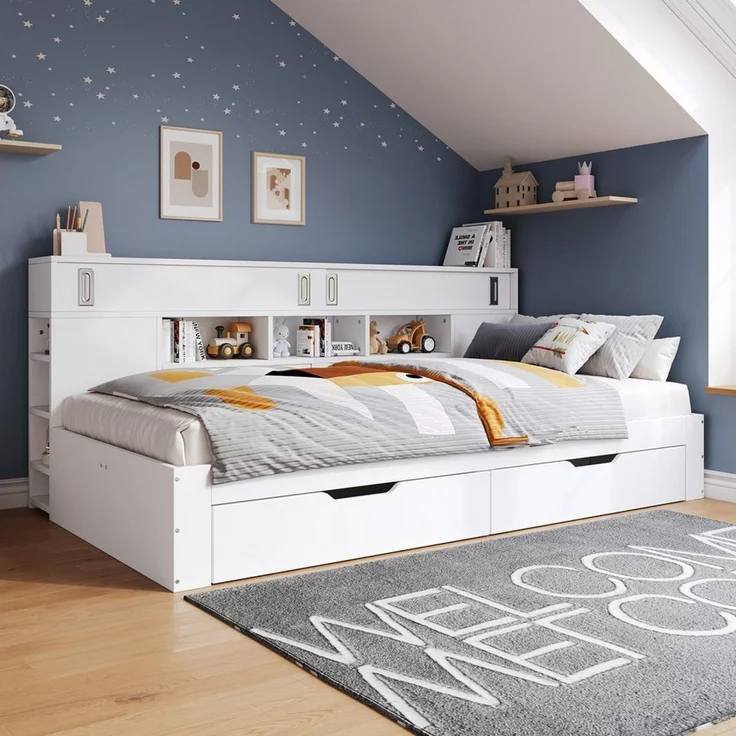 EXTSUD Kinderbett Kinderbett 90×200 cm – Daybed mit Schubladen, Regal & Stauraum (Bettkasten mit Stauraum,ohne Matratze,weiß), mit Schubladen,Bücherregal und Stauschrank – Bild 2