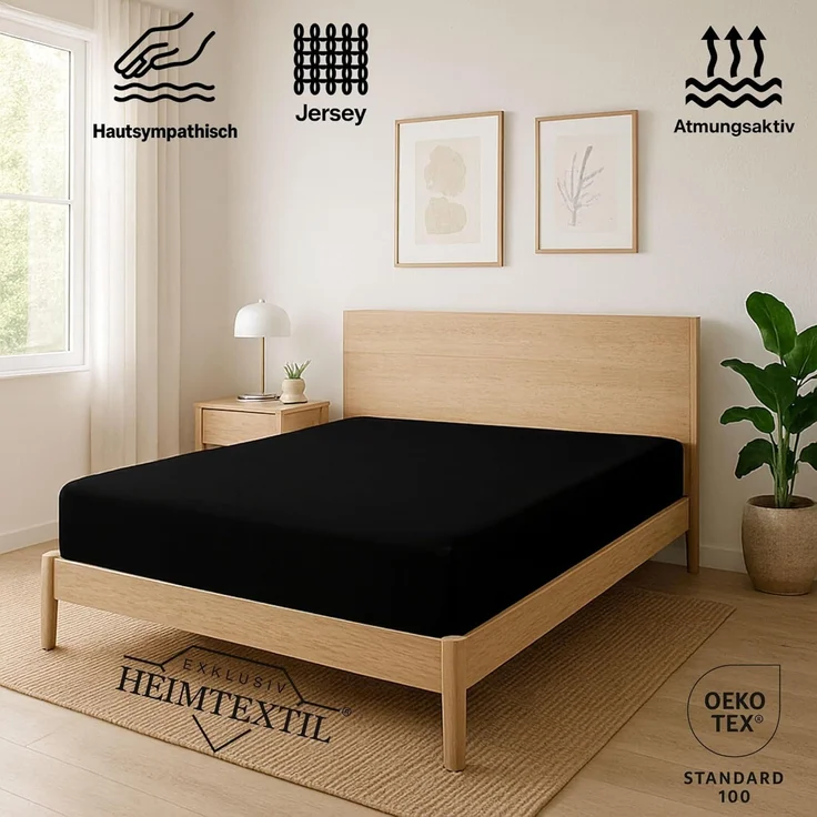 EXKLUSIV HEIMTEXTIL Jersey Spannbettlaken Premium 90 x 200 cm Schwarz 100% Baumwolle Öko - Tex Zertifiziert Bed-Sheet Bettlaken Spannbetttuch Topper Leinentuch – Bild 2