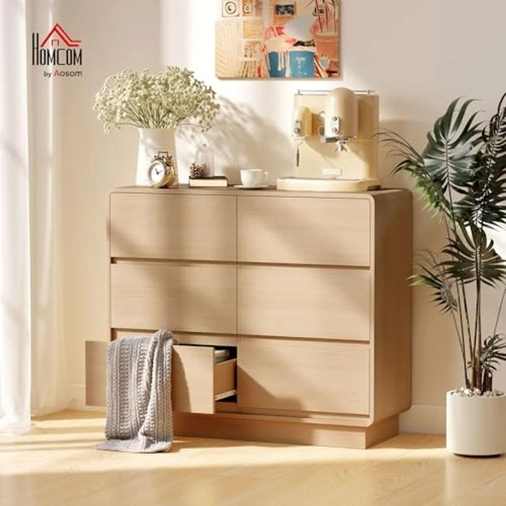 HOMCOM Sideboard mit 6 Schubladen, abgerundeten Kanten (Kommode, 1 St, 100 cm Aufbewahrungsschrank), für Wohnzimmer, Küche, Esszimmer, 100 x 38 x 86 cm, Naturholz – Bild 2