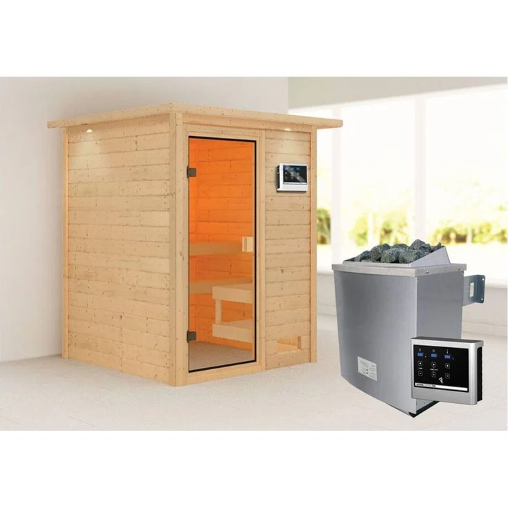 Karibu Sauna Sandra mit Dachkranz + 9kW Saunaofen mit ext. Steuerung Easy – Bild 1