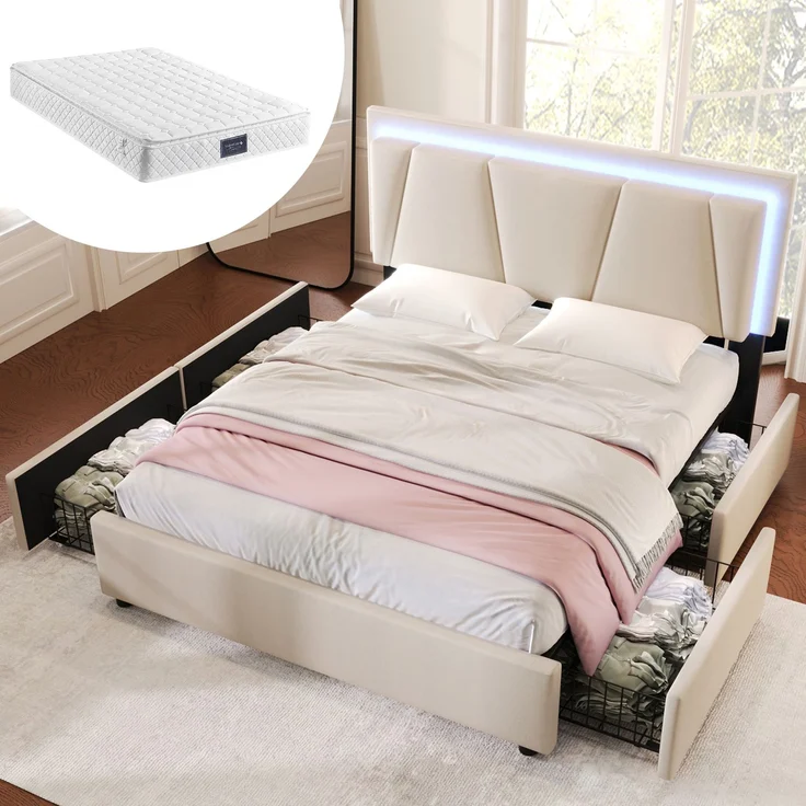 Polsterbett 140×200 cm mit höhenverstellbarem Kopfteil, LED-Beleuchtung, 4 Schubladen, Leinenstoff Beige,inklusive Matratze – Bild 1