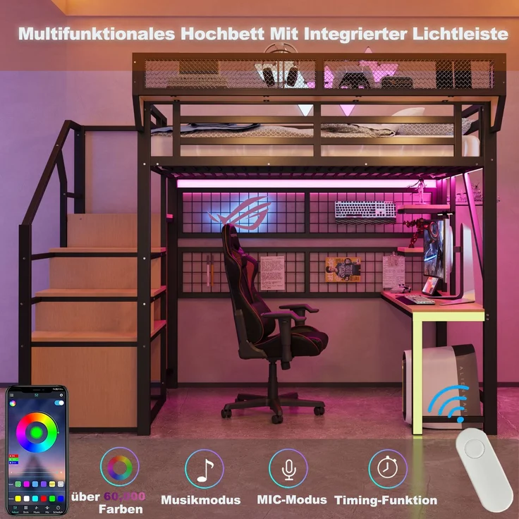 Merax Hochbett 140 × 200 cm, Kinderbett Jugendbett, Mit Schreibtisch, Regal und Aufbewahrungsnetz, Komplett Mit Sicherheitsleiter, LED-Beleuchtung und Steckdose, Erhöhtem Geländer, Schwarz – Bild 6