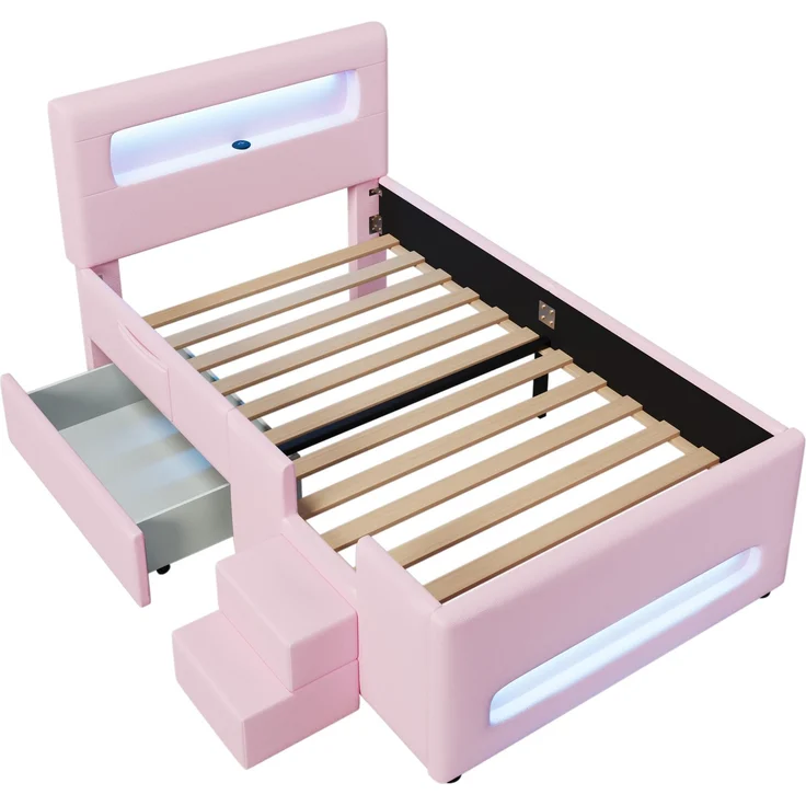 Gepolstertes Plattformbett 90x200 cm mit Treppe, Schubladen, LED-Lichtleisten, USB und Aufbewahrungstaschen, Rosa – Bild 10