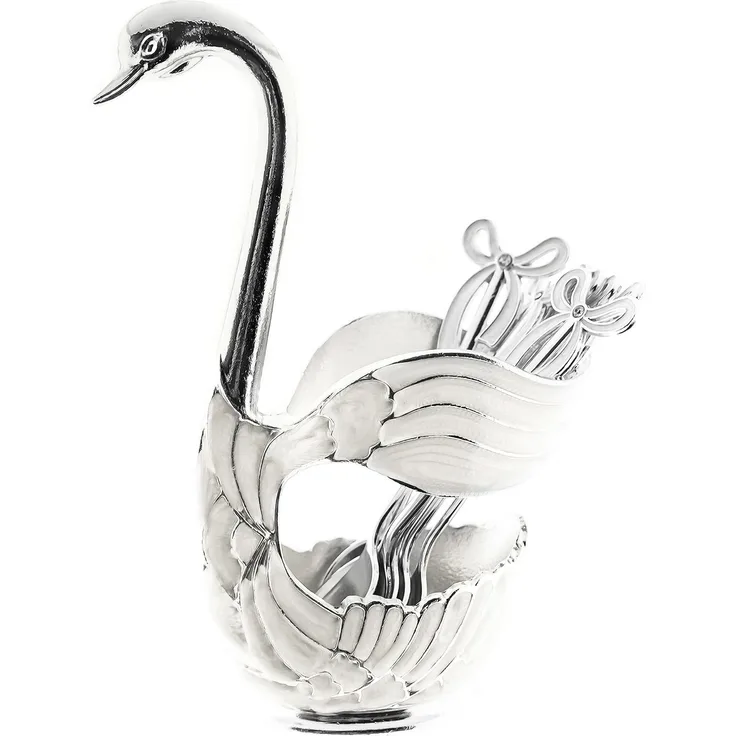 Elegante Deko Besteckhalterung mit 6 Teelöffel, in Schwanenform - Silber