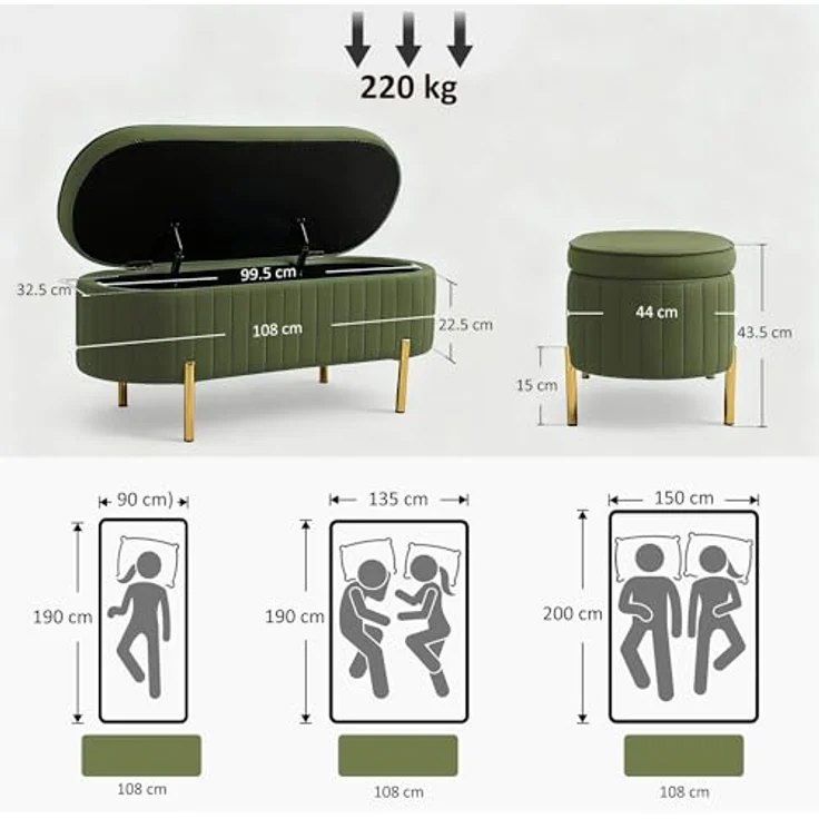 HOMCOM Sitzbank mit Stauraum Polsterbank mit Klappdeckel, Samtoptik (Sitztruhe, 1-St, Truhenbank), für Flur, Wohnzimmer, Schlafzimmer 108 x 44 x 43,5 cm, Grün – Bild 4