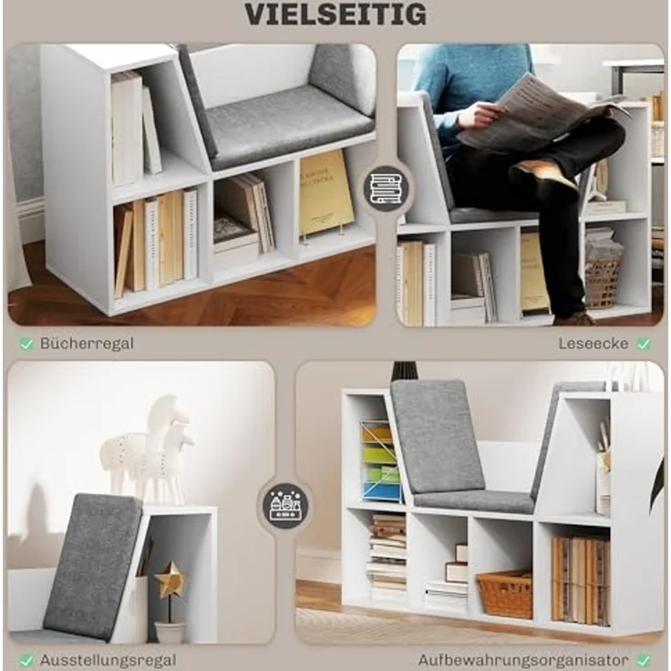 HOMCOM Bücherregal Kleiner Bücherschrank mit Sitzkissen, 6 Fächern, Leinenoptik, Aufbewahrungsregal 1-tlg, für Wohnzimmer, Schlafzimmer, 105 x 30 x 63 cm, Weiß – Bild 5