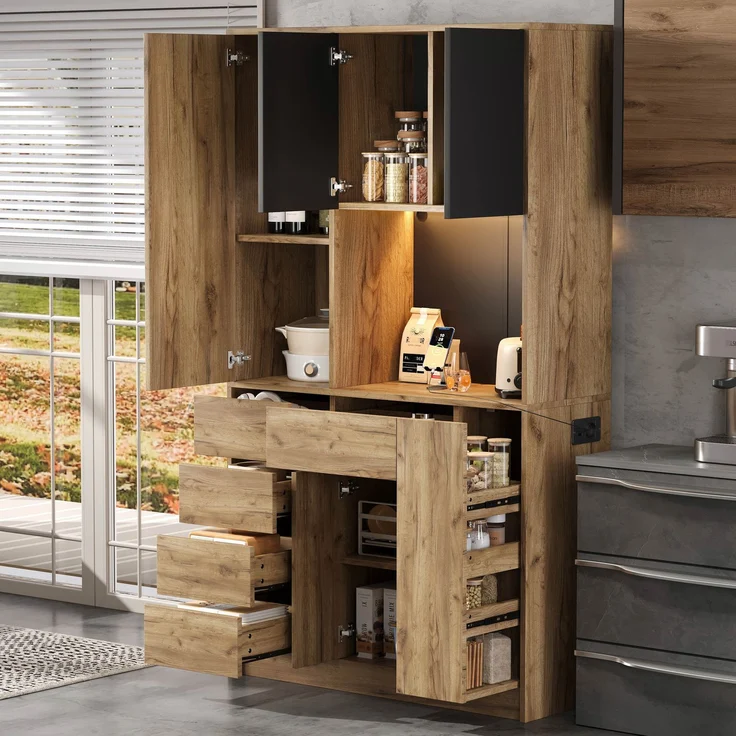 ZUBALIYA Küchenschrank 105x40x185 cm, mit LED-Beleuchtung, mit Steckdosen, mit verstellbaren Einlegeböden, aus MDF, Schwarz / Natur – Bild 15