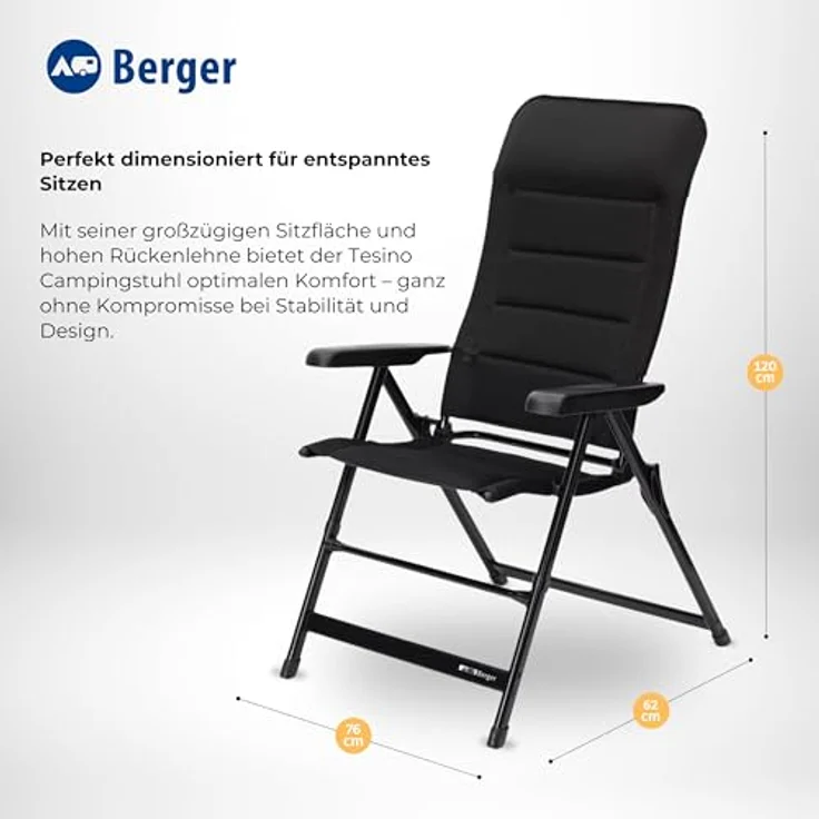 BERGER Tesino Campingstuhl klappbar, 7-fach verstellbar & gepolstert, faltbarer Outdoor-Stuhl mit 3D-Mesh, bis 120 kg für Camping & Garten, leicht und robust – Bild 2