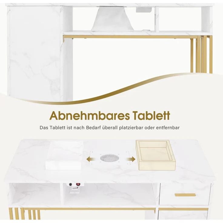 BarberPub Manikürtisch mit 3 Schubladen & 2 Ablagen, Nageltisch mit Absaugung, 2 Staubsaugerbeuteln, Nagelfrisiertisch Holz, Schreibtisch für Nagelstudio, Marmor-Weiß Gold, 57x112x80cm, 2472 – Bild 7